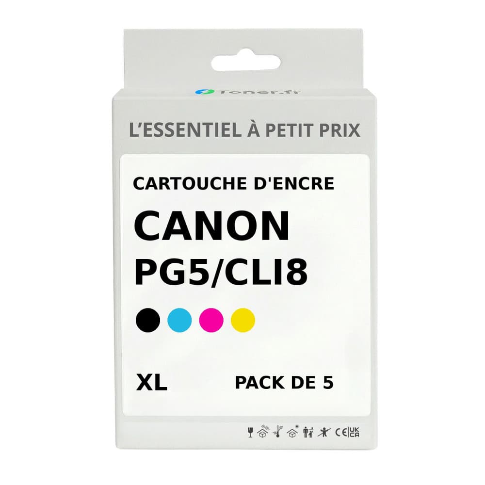 Pack de 5 cartouches d'encre compatibles Canon PGI5/CLI8 XL Noir et couleurs